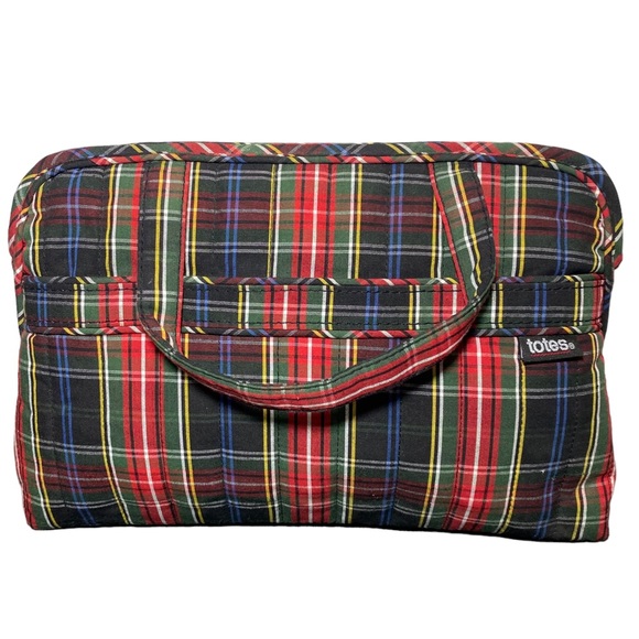 TOTES Toiletry Bag Cosmetic Makeup GUC tartan red plaid Travel Case handles - Picture 2 of 10